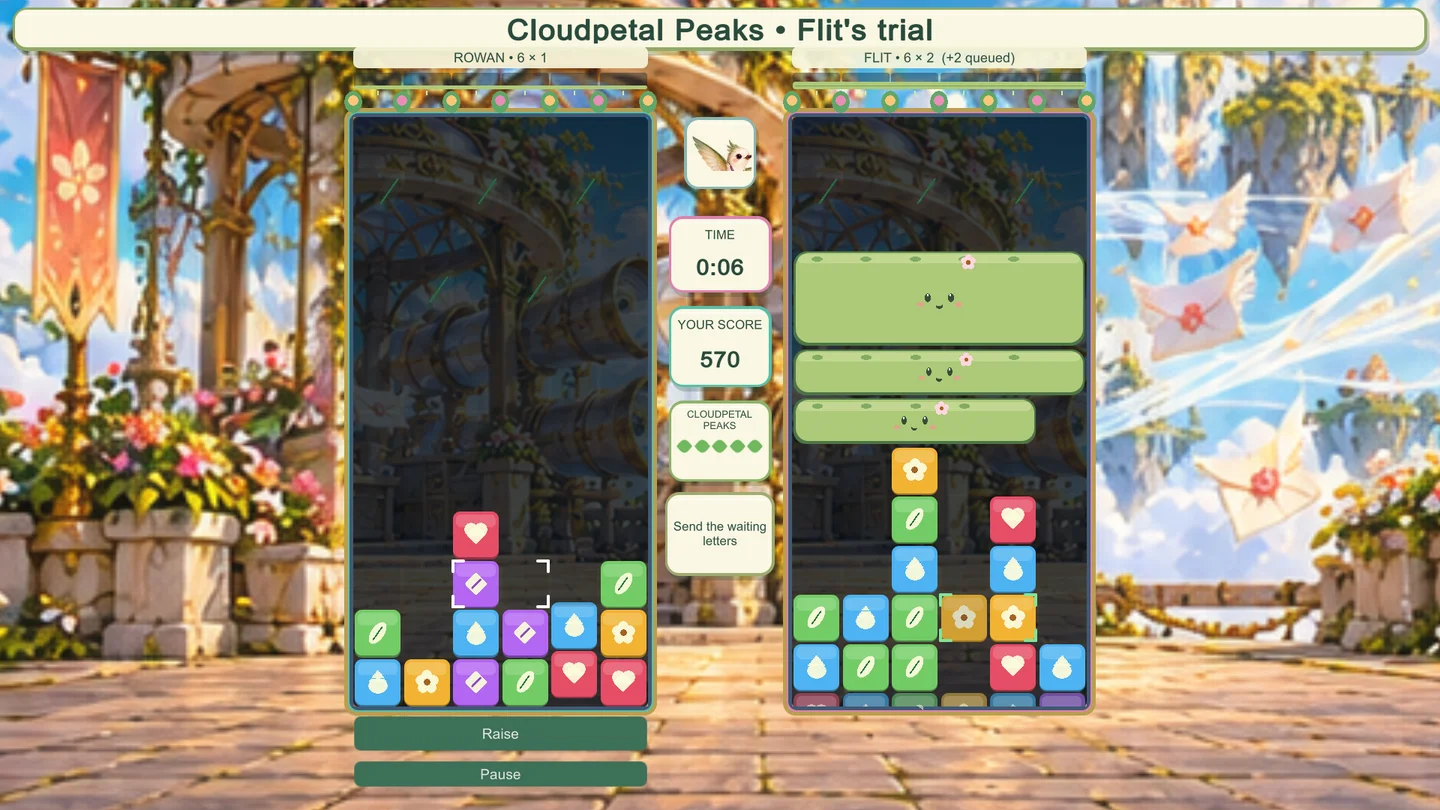 A puzzle battle in another of Petal Bound’s illustrated magical groves.